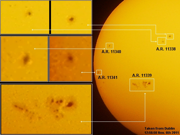 Photo of the Sun showing active regions, using Baader ND 5.0 & Lee Amber Gold filter